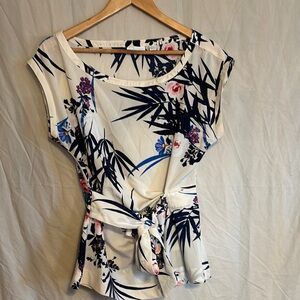 New York & Company White Floral Tie-Front Blouse